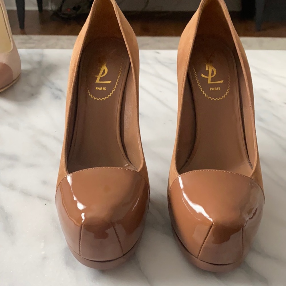 YSL Tribtoo Suede Patent Leather Platform in Tan